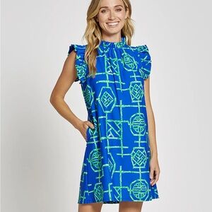 JUDE CONNALLY SHARI DRESS - BAMBOO LATTICE COBALT/GRASS
